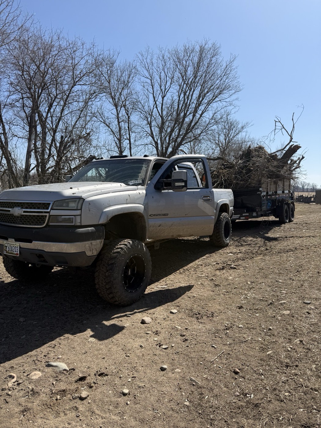 Truck and dump trailer hauling cleared trees from Minnetonka land clearing job
