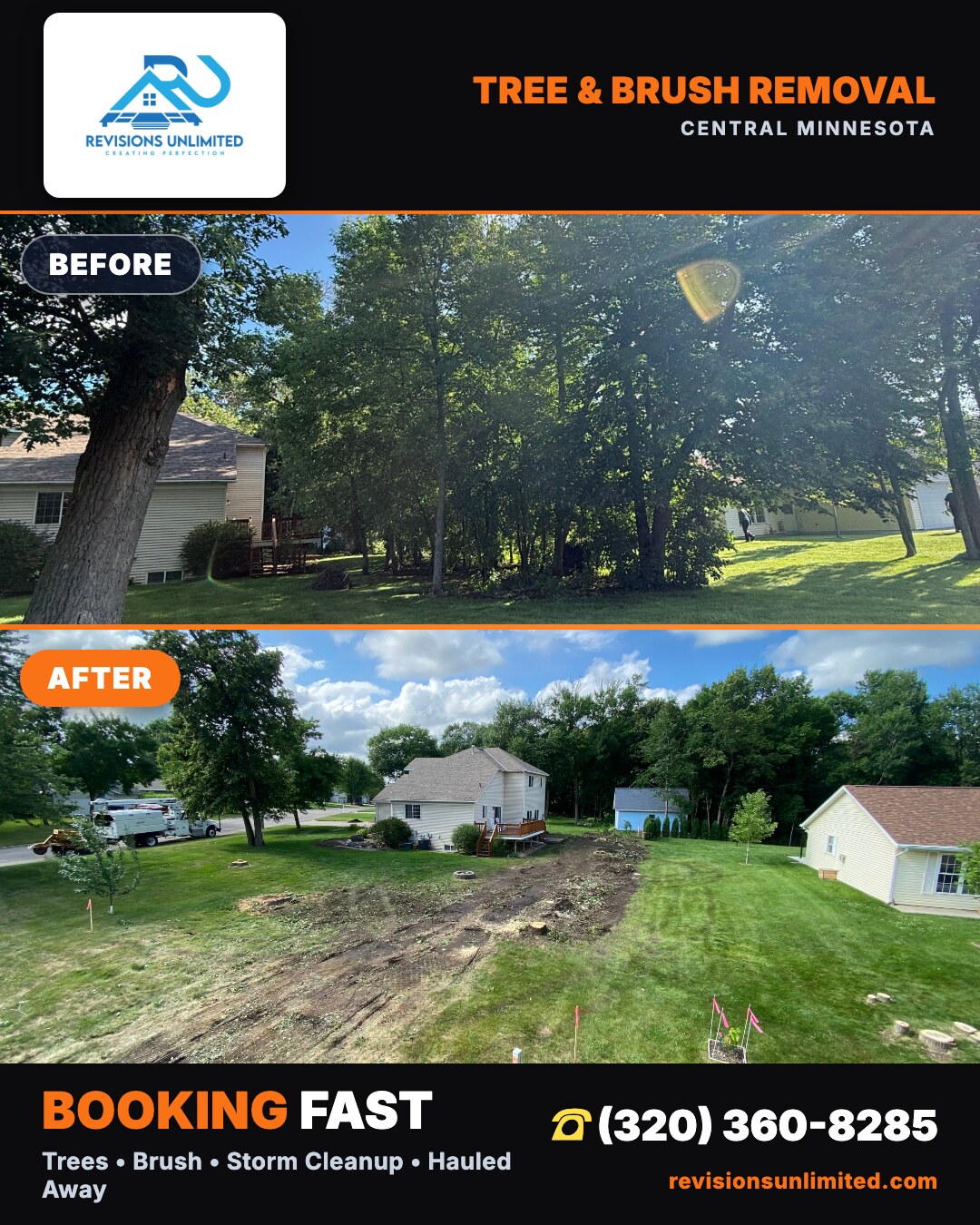 Before and after tree and brush removal in Central Minnesota by Revisions Unlimited